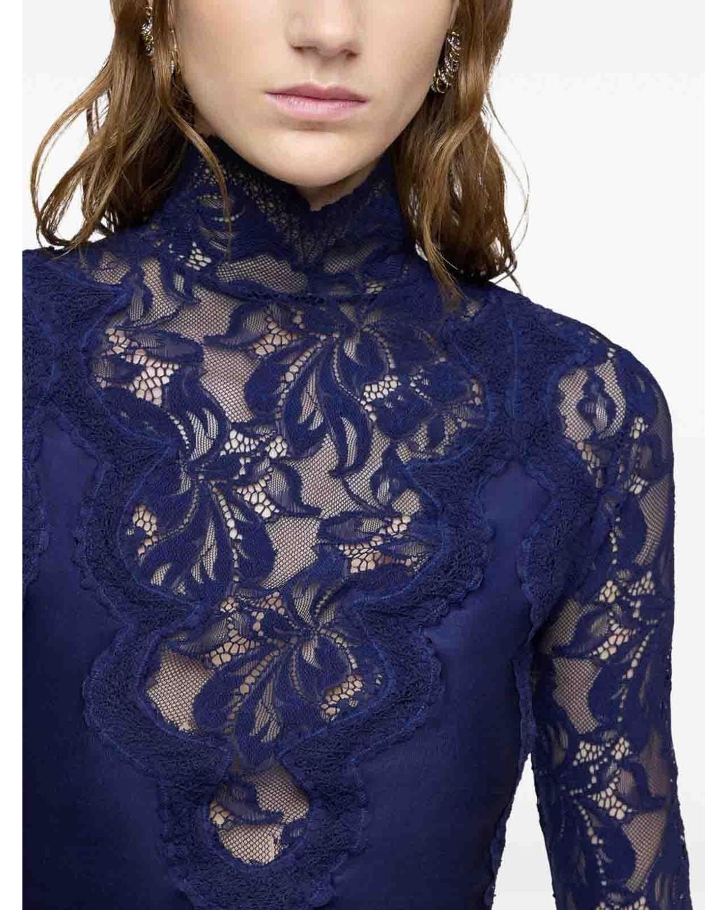 Rabanne Blue Long-Sleeved Lace Jersey Top