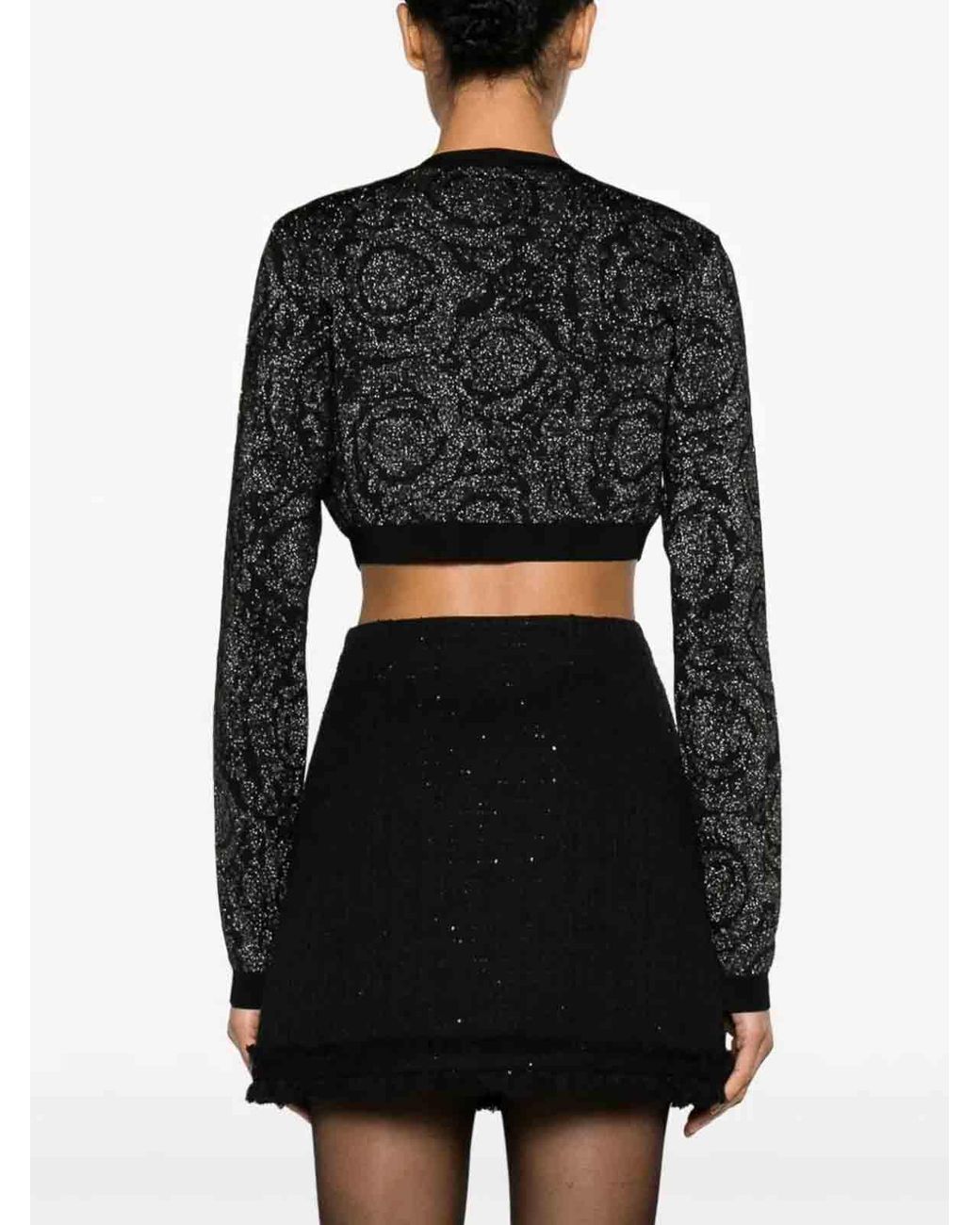 Versace Black Barocco Texture Knit Cropped Cardigan