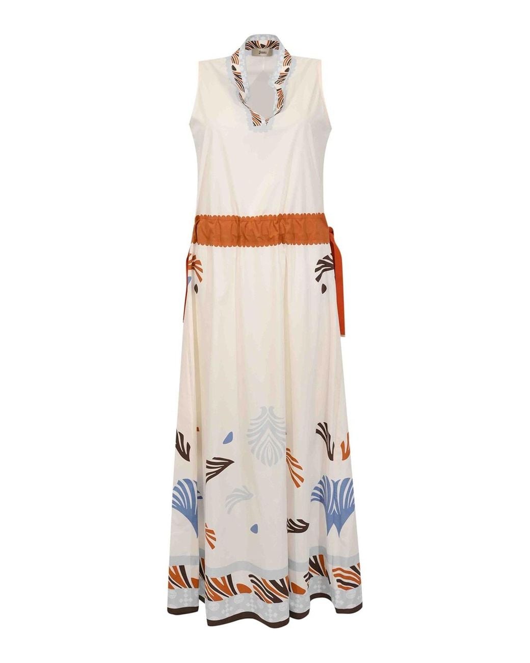 Herno White Long Cotton Dress With Print