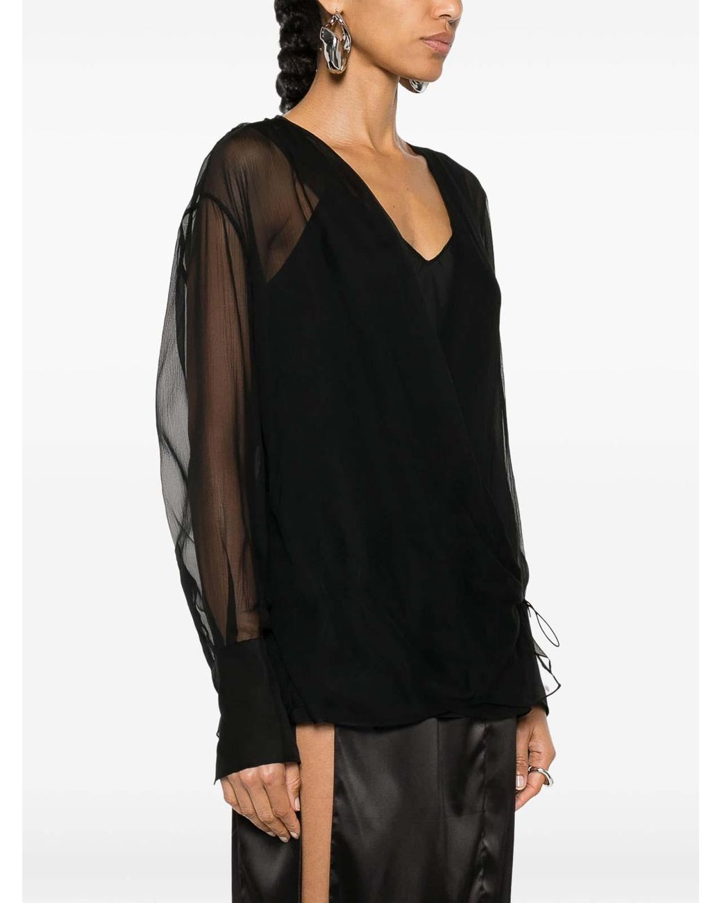 Givenchy Black Long-Sleeve Silk Wrap Blouse
