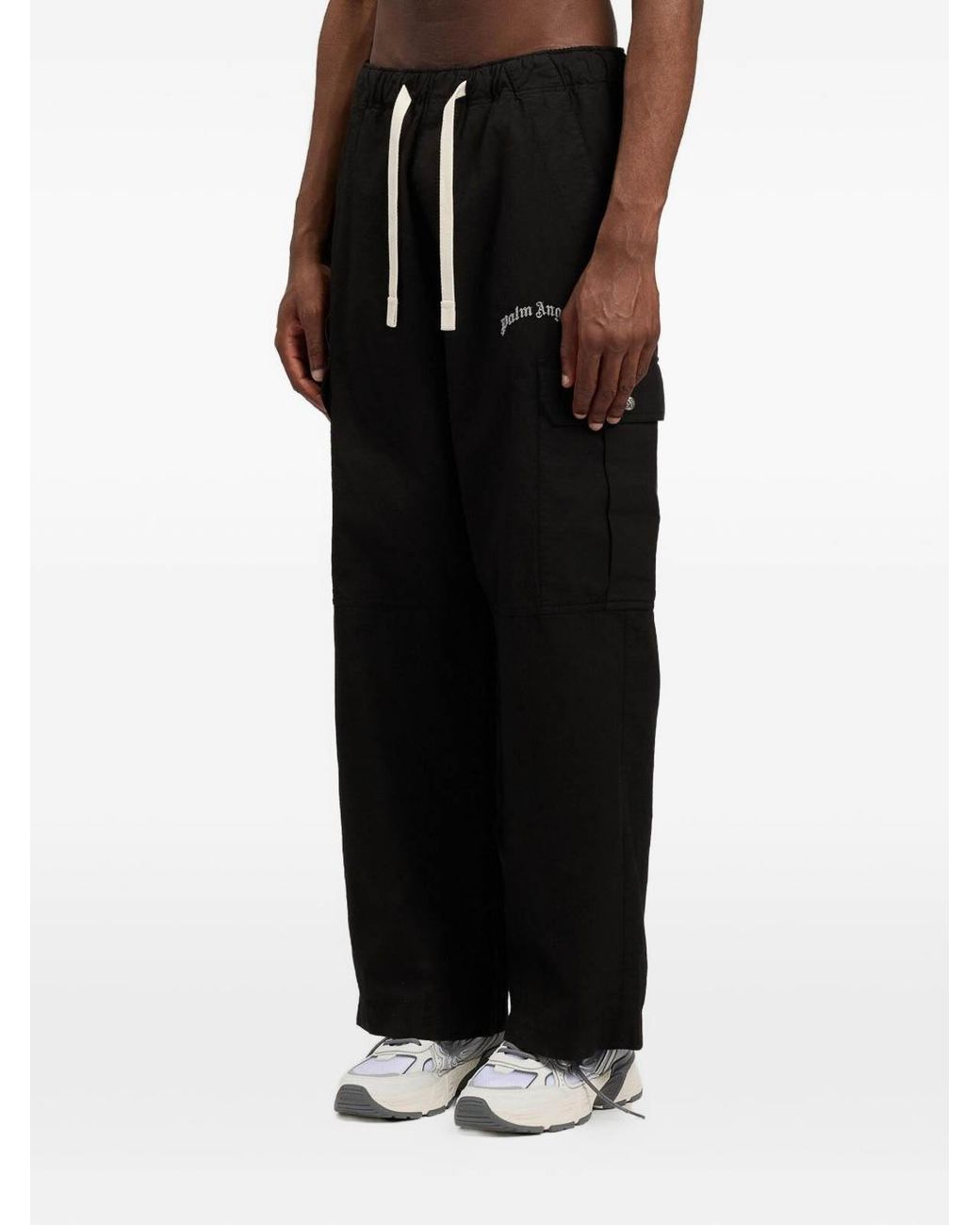 Palm Angels Black Curved Logo Loose Cargo Pants for men