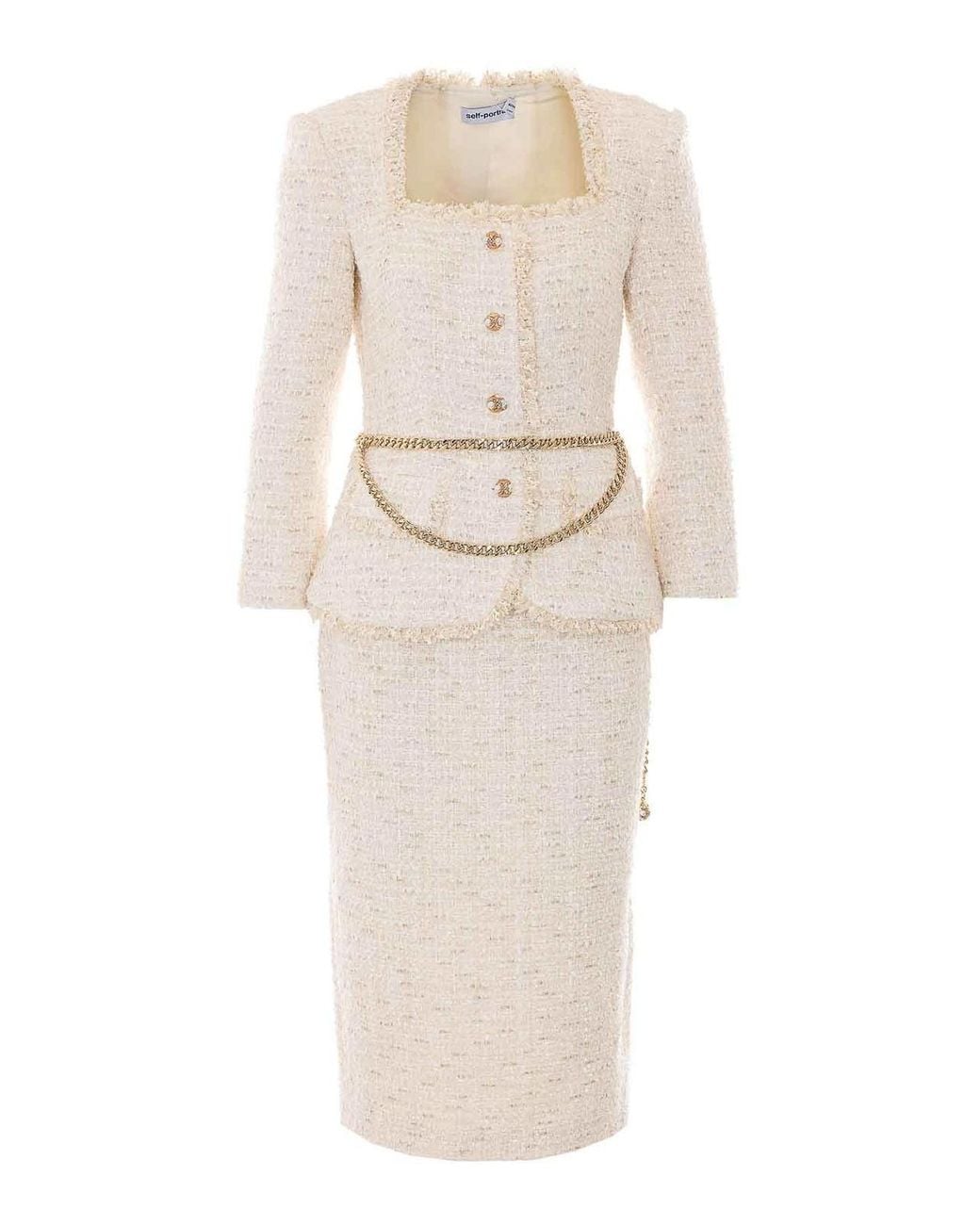 Self-Portrait White Boucle Tailored Chain Midi Dress
