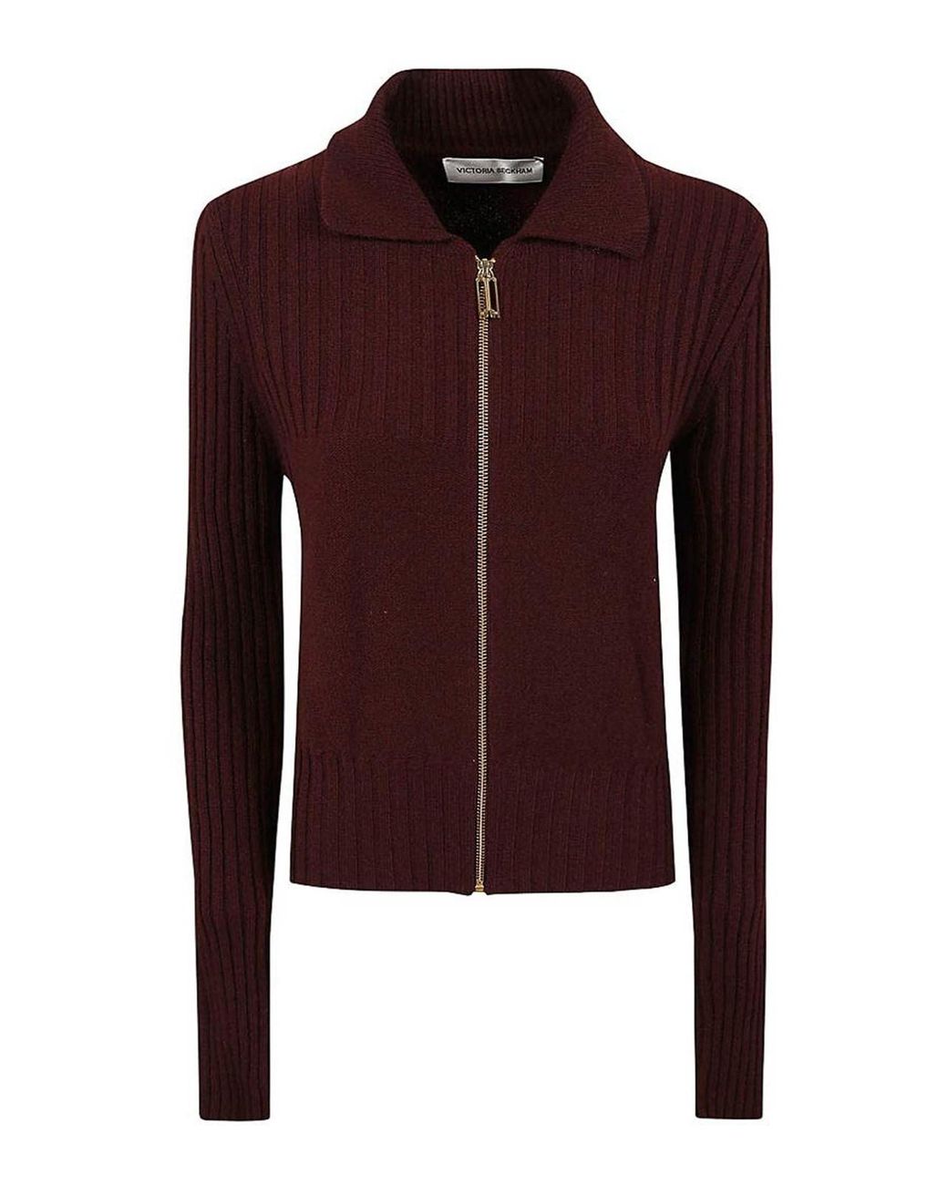 Victoria Beckham Red Ribbed Merino Wool Sweater With Zip