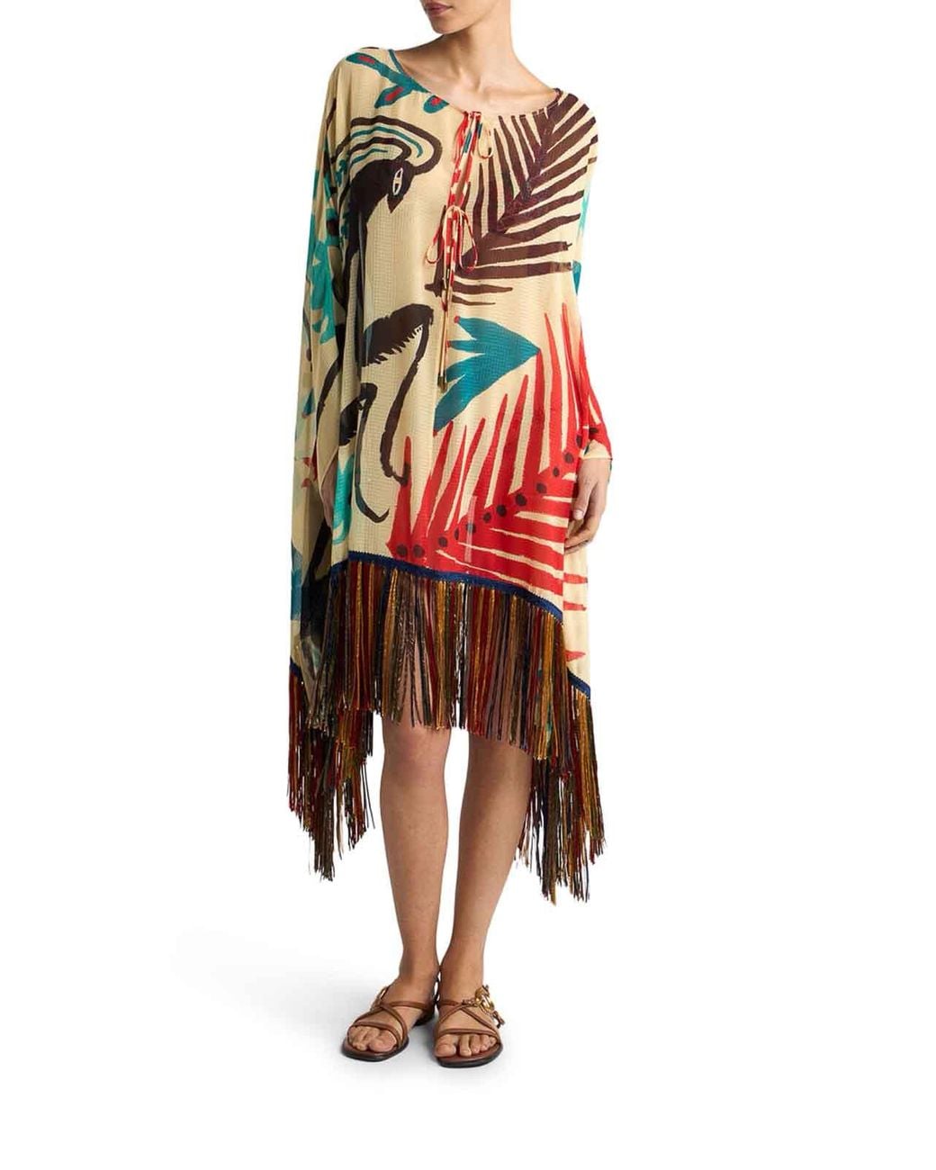 Etro Multicolor X Tabby Booth Seersucker Cover-Up Dress With Fringes And Placed Print