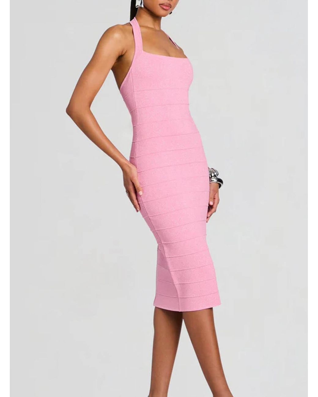 retroféte Pink Strapless Midi Dress With A Halterneck