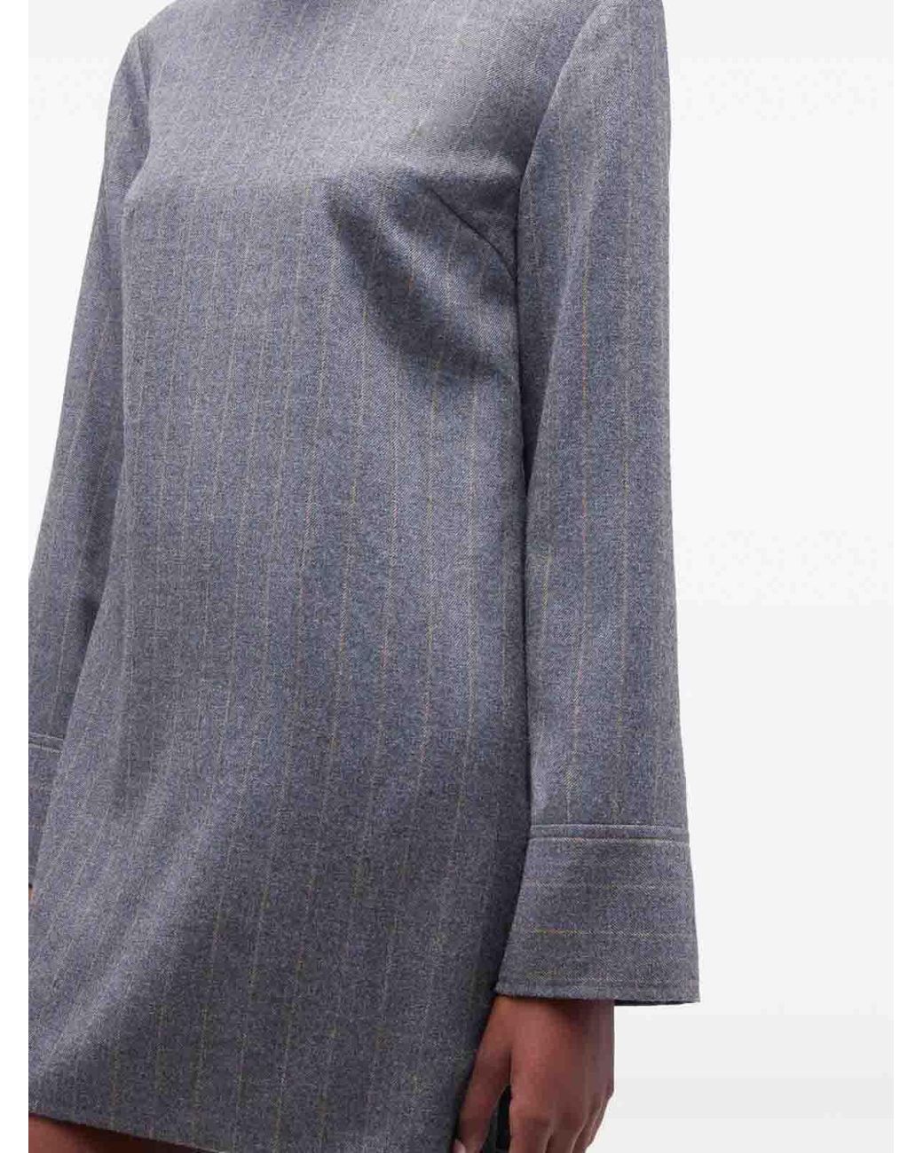 Ganni Gray Brushed Wool Stripe Circle Collar Mini Dress