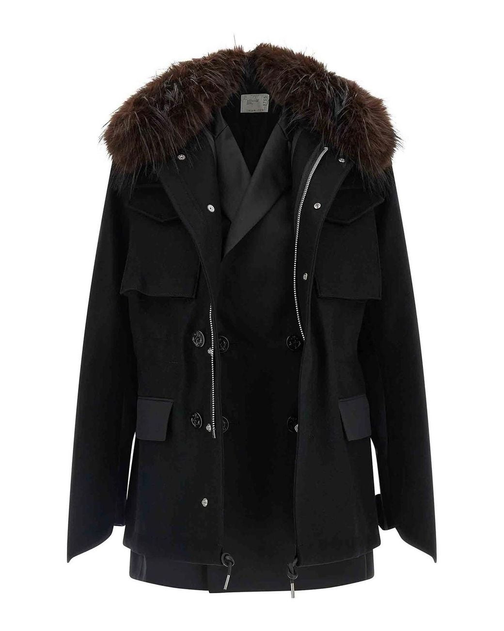 Sacai Black Wool Coat With Fur Insert