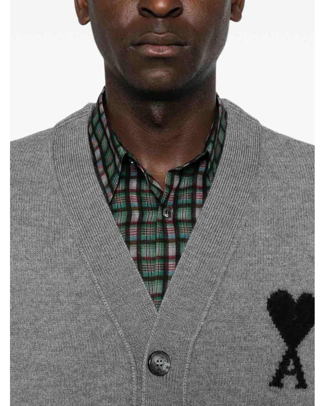 AMI Gray Ami De Coeur Wool Cardigan for men