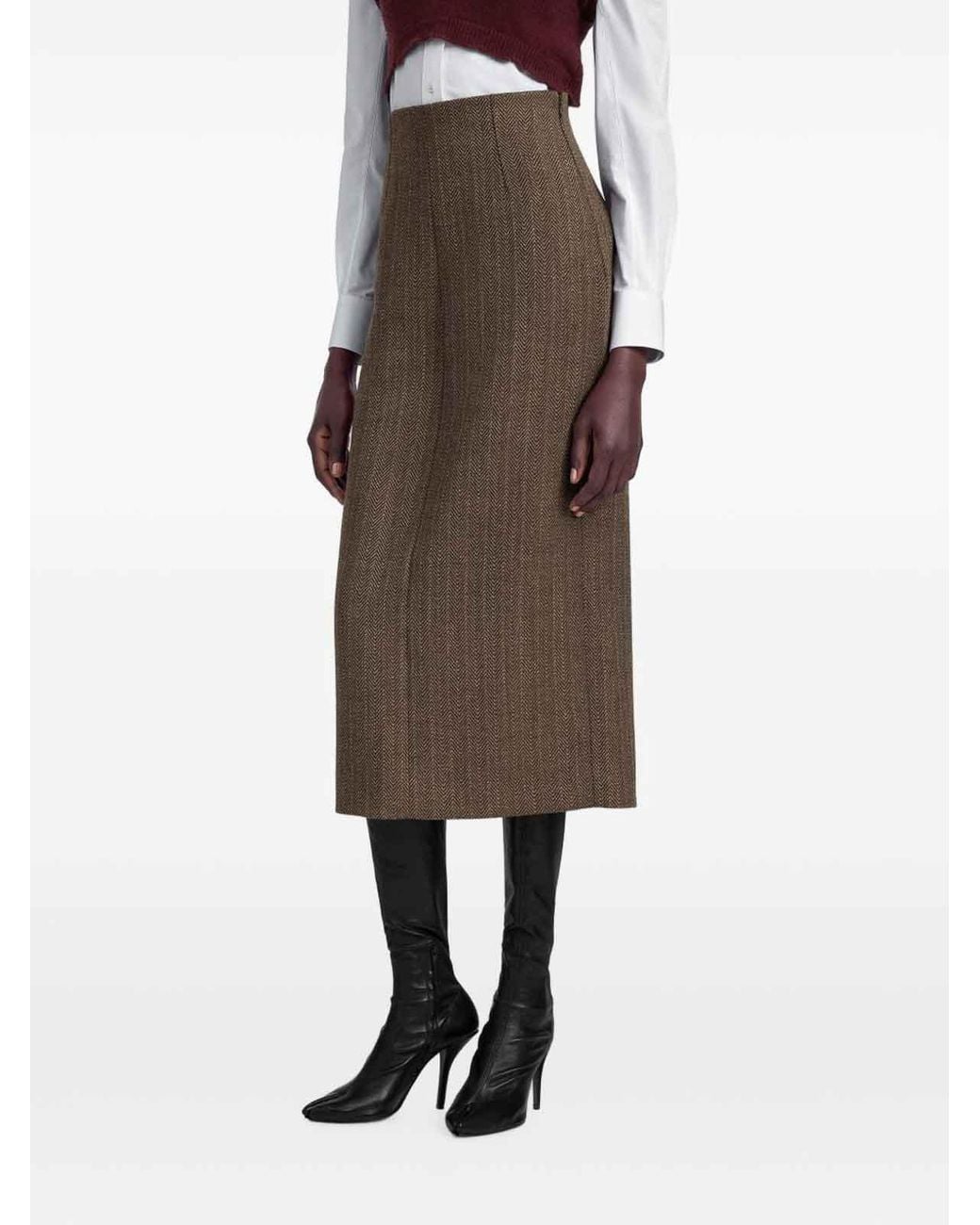 Maison Margiela Brown Herringbone Virgin Wool Midi Pant Skirt