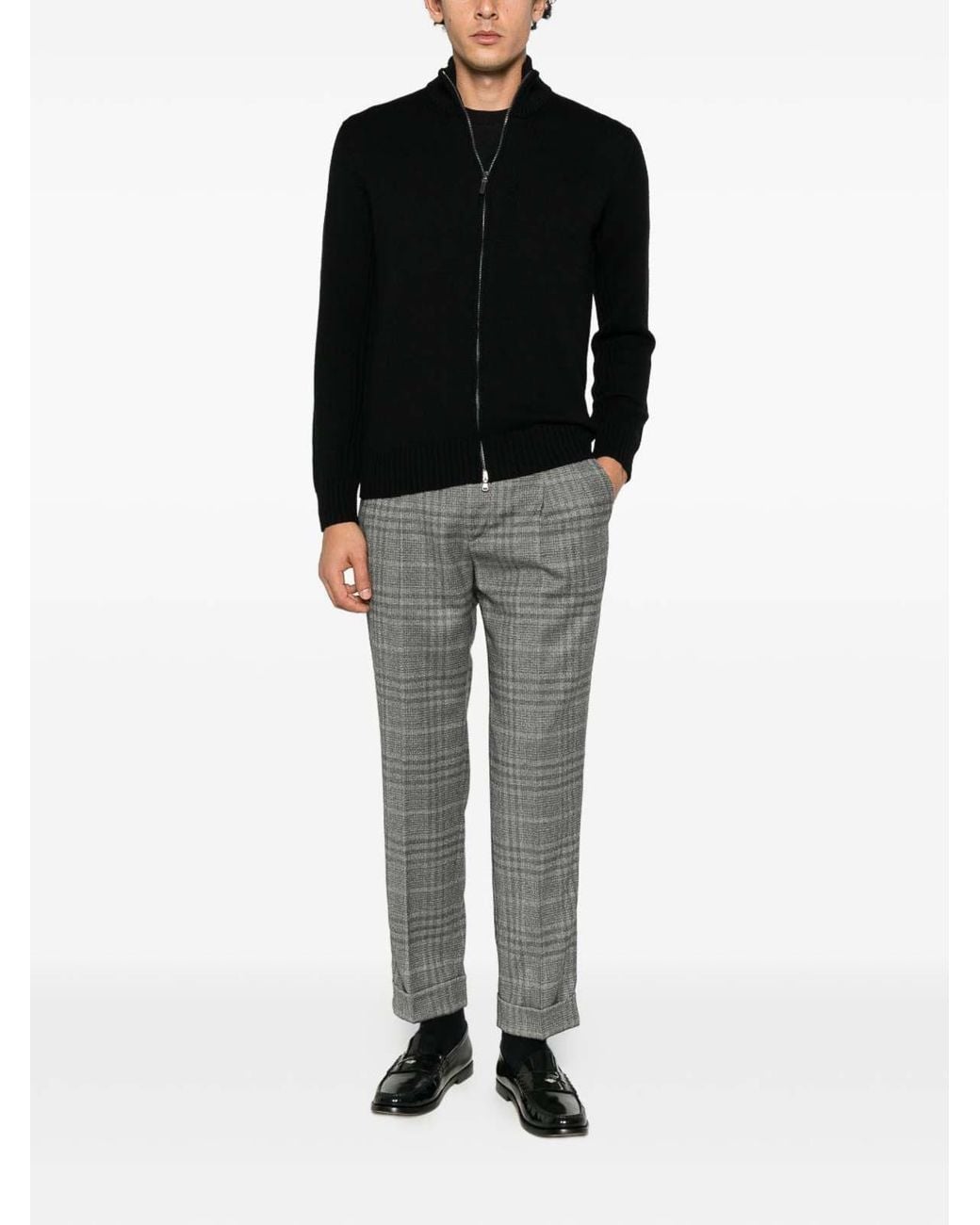 PT Torino Gray Checked Trousers With Turn-Up Hems for men