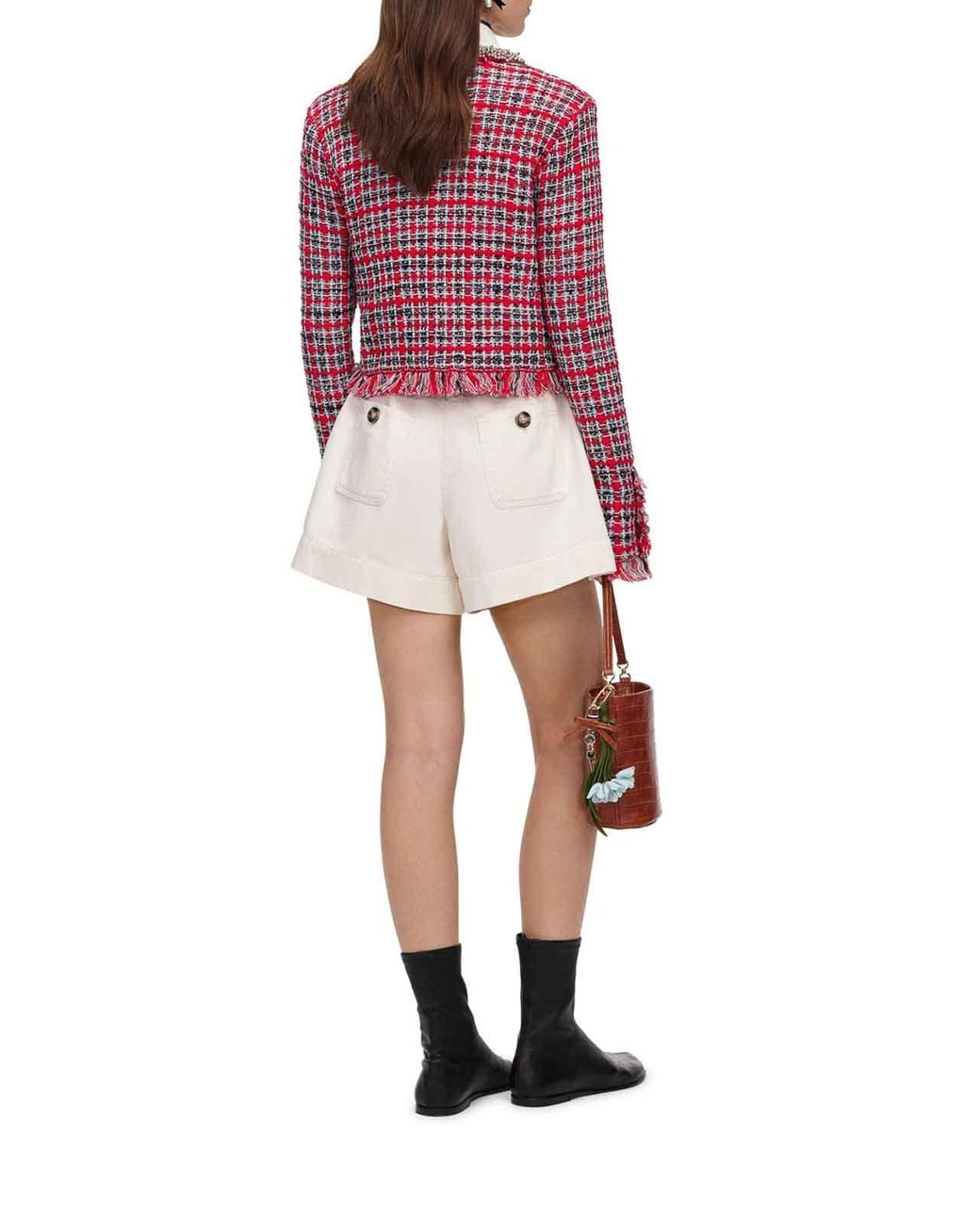 Self-Portrait Red Tweed Short Jacket With Jewel Collar