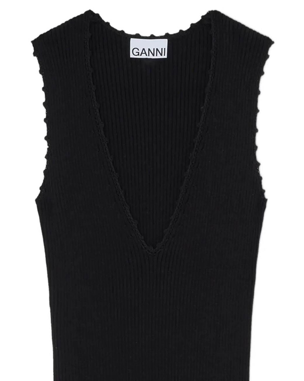 Ganni Black Fine Cotton Rib Crochet Vneck Dress