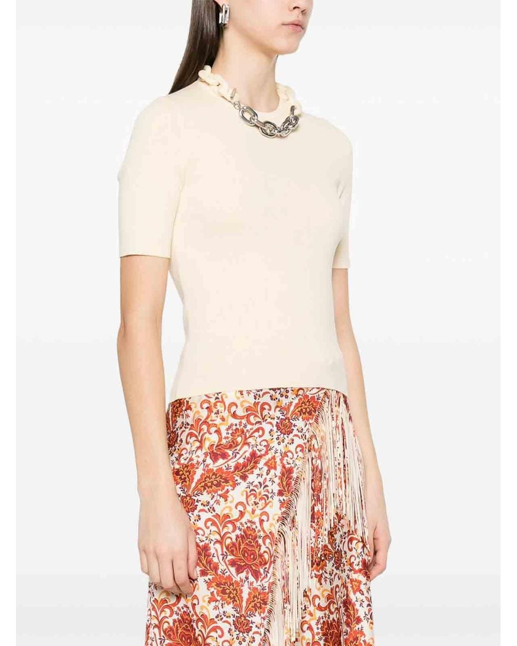 Rabanne Natural Silk And Cotton T-Shirt With Chain