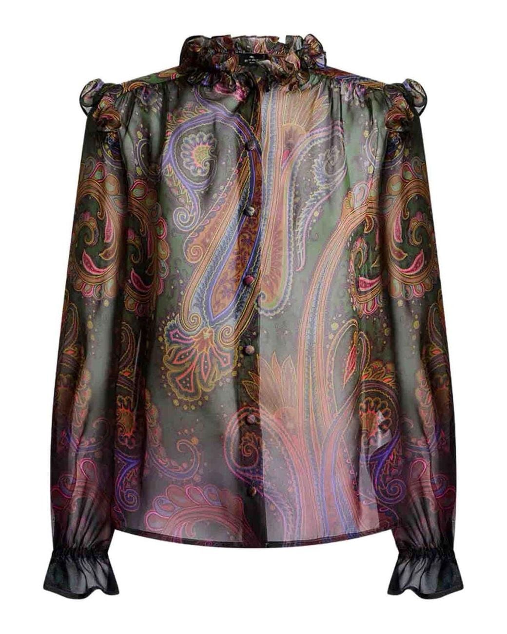 Etro Brown Silk Shirt With Placement Dgrad Paisley Print