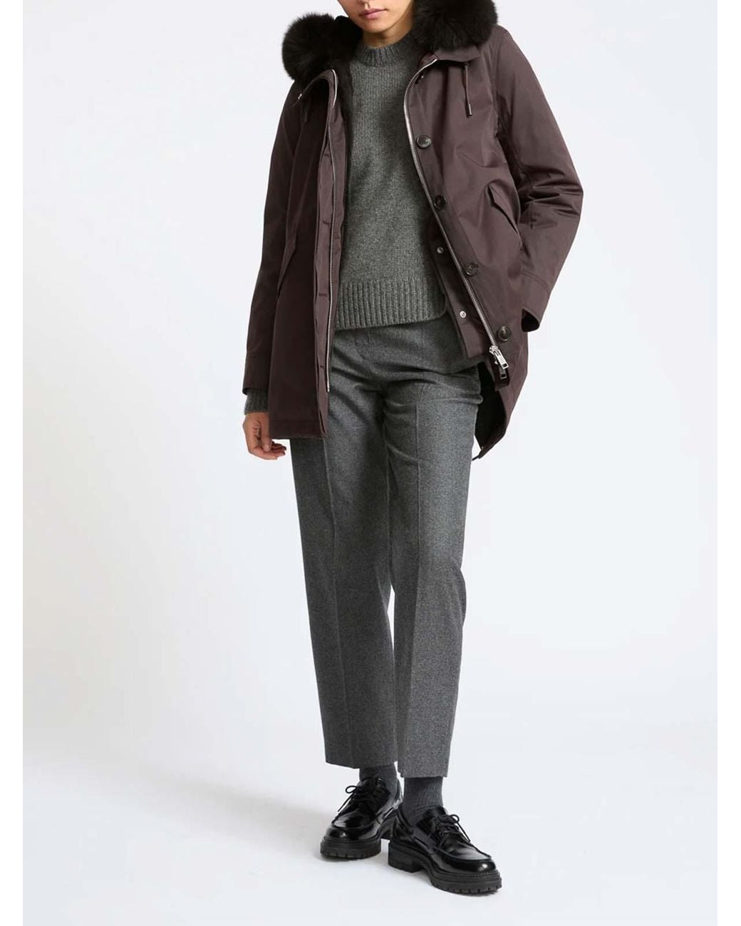 Yves Salomon Brown Short Waterproof Cotton Blend Fur-Trim Parka