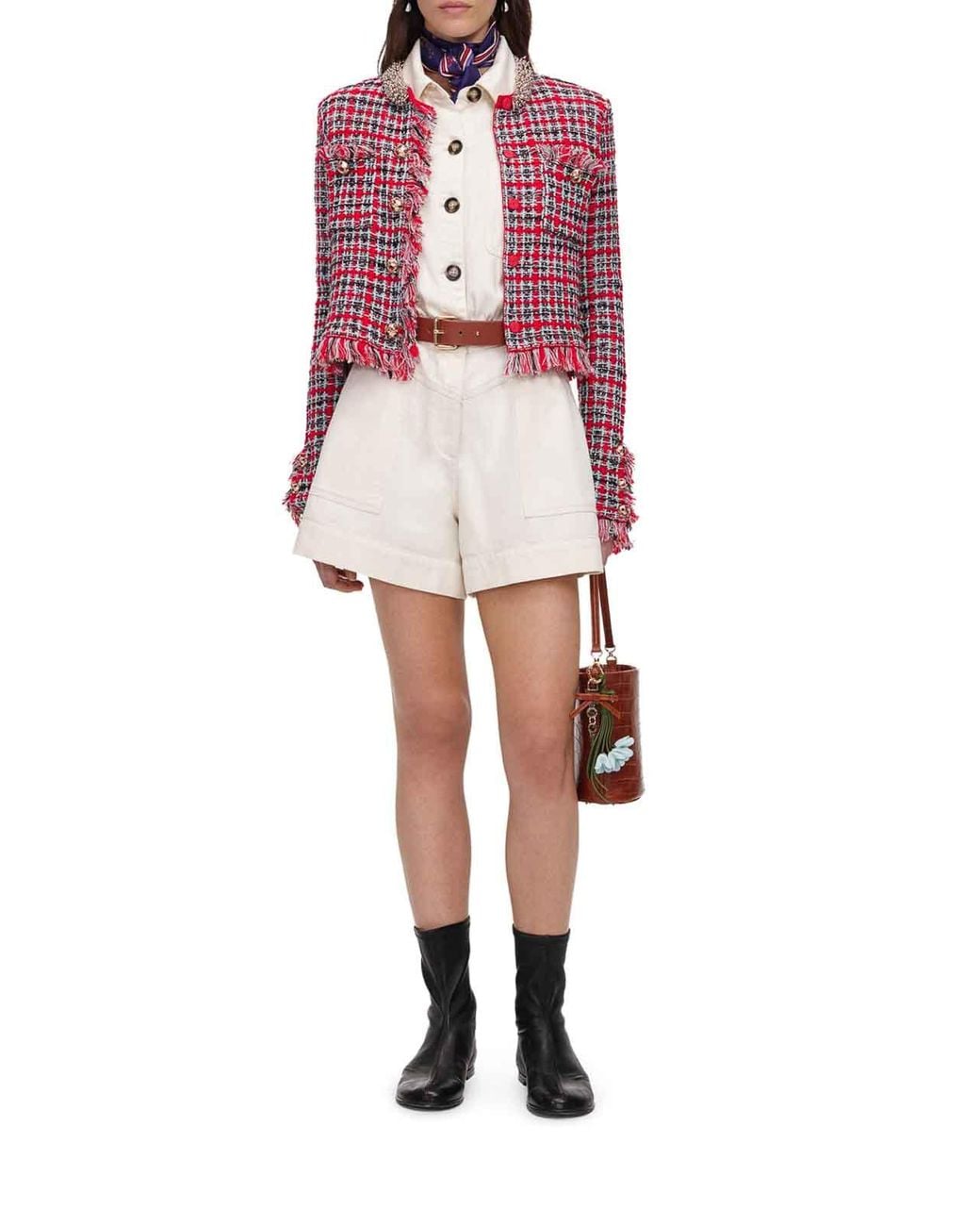 Self-Portrait Red Tweed Short Jacket With Jewel Collar