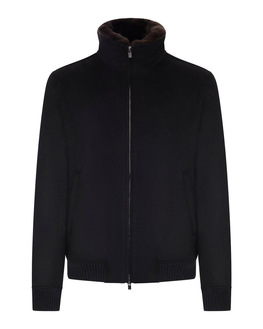 Nome Black Cashmere Bomber Jacket With Fur-Effect Collar for men