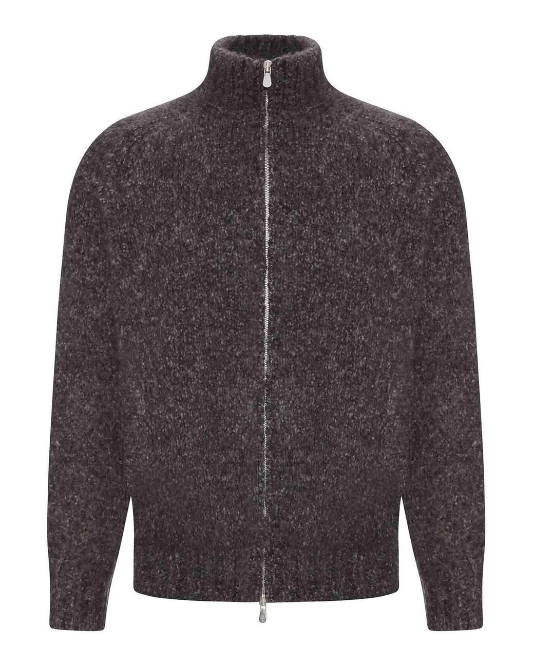 Brunello Cucinelli Gray Boucle Knit Zip-Up Sweater With High Neck for men
