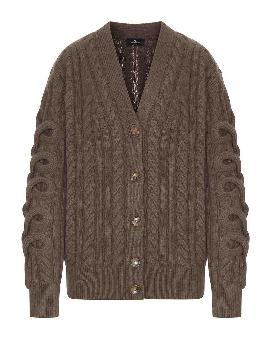 Etro Brown Cable Knit Cardigan With Curly Sleeves