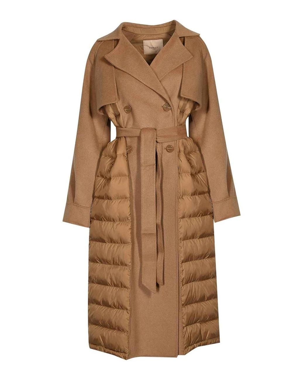Twinset Brown Wool Coat With Quilted Nylon Inserts