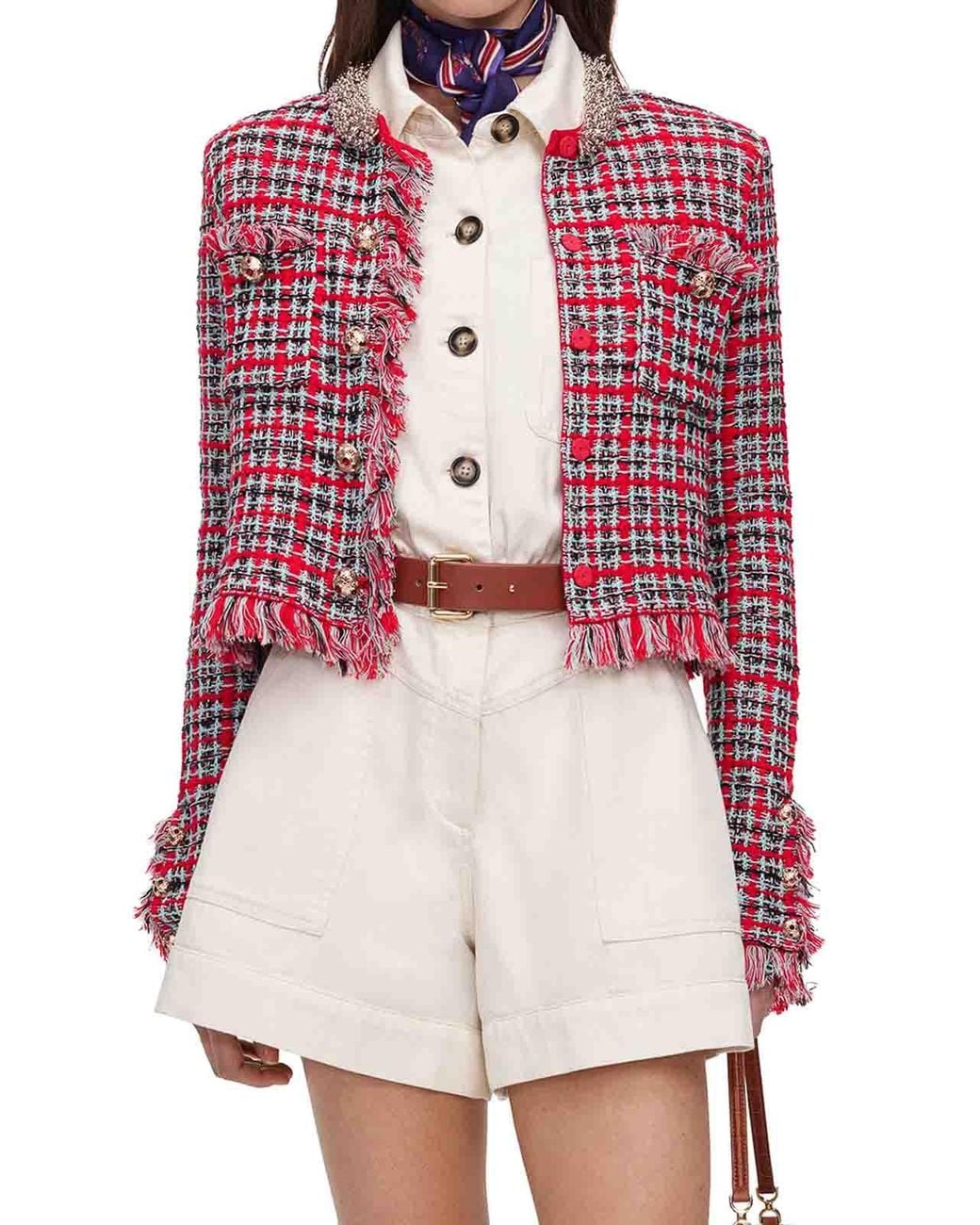 Self-Portrait Red Tweed Short Jacket With Jewel Collar