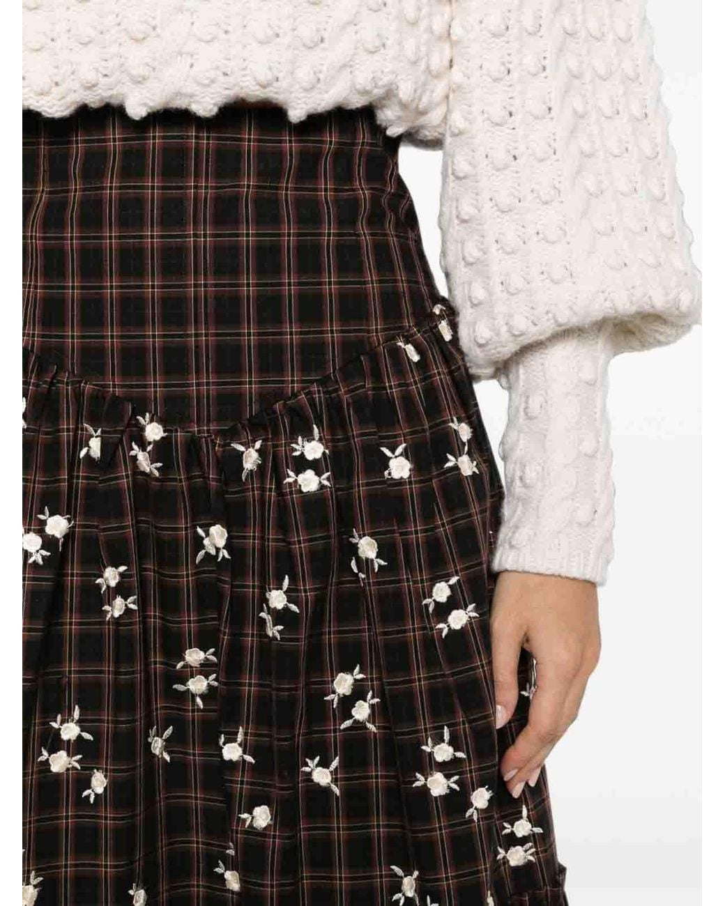 Ganni Black Checked Midi Skirt With Floral Embroidery