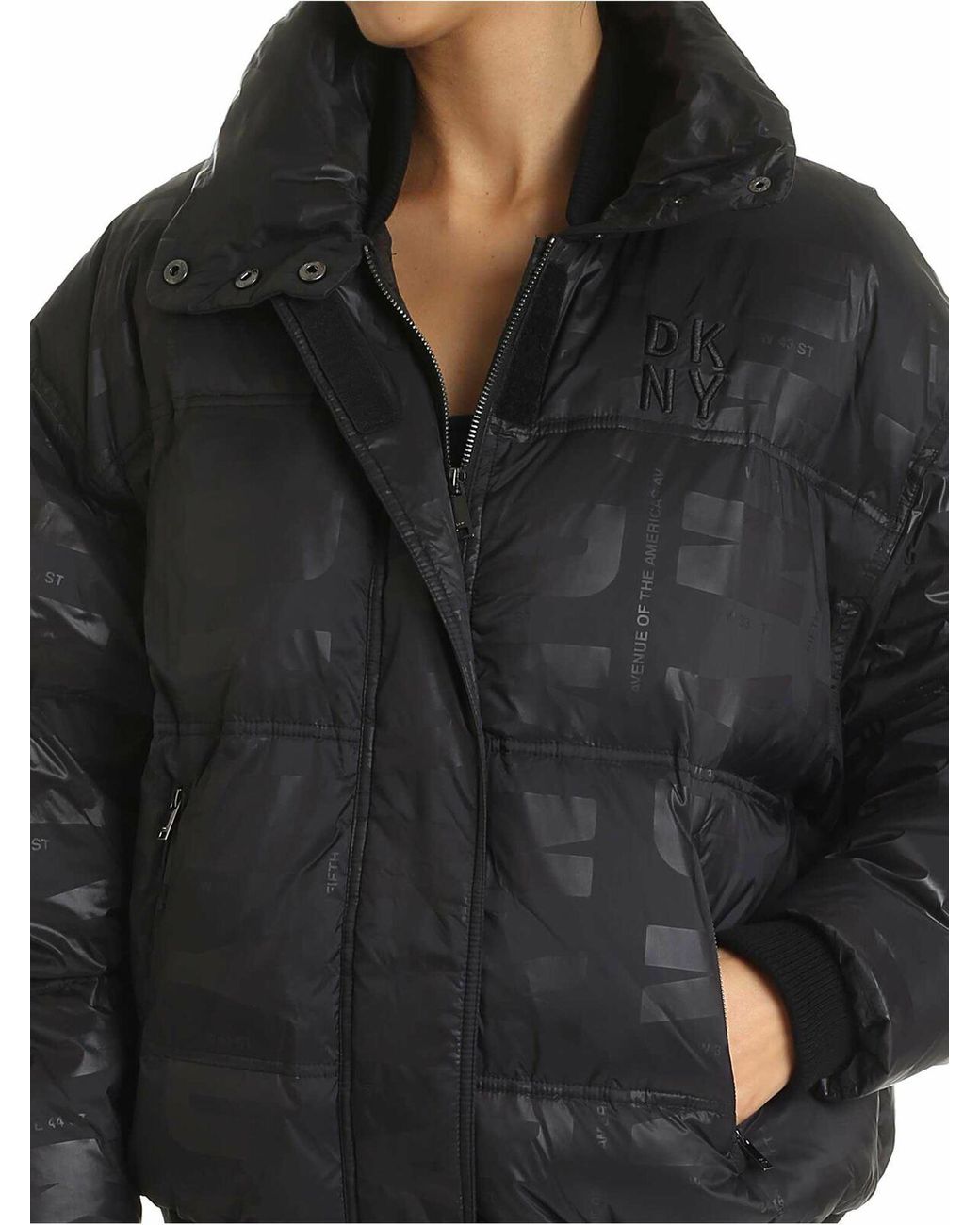 DKNY Black Down Jacket With Logo Prints