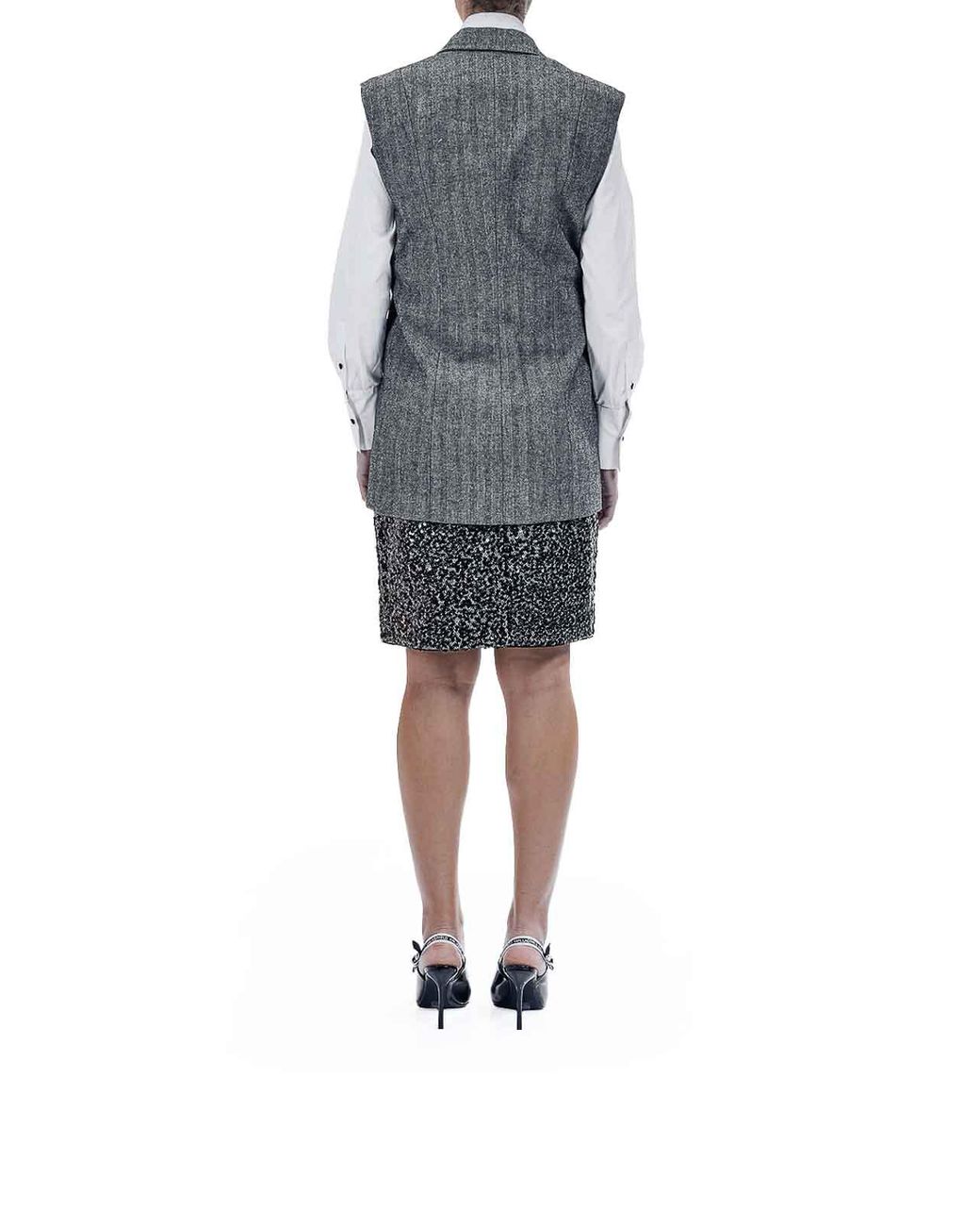 Karl Lagerfeld Gray Embellished Lapel Tweed Gilet