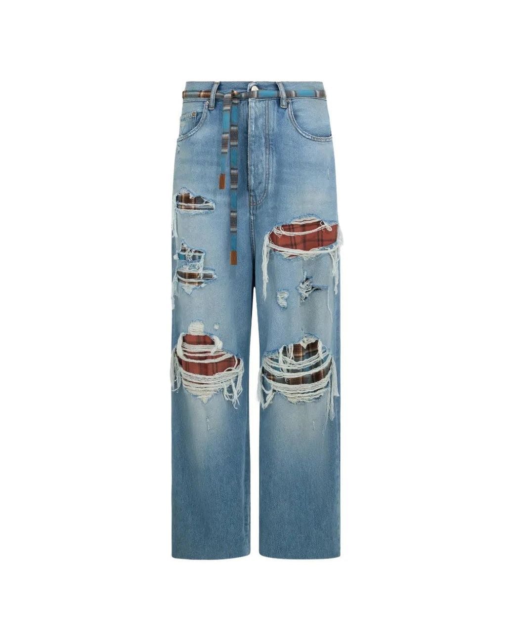 Amiri Blue Flannel Repair Baggy Jeans for men