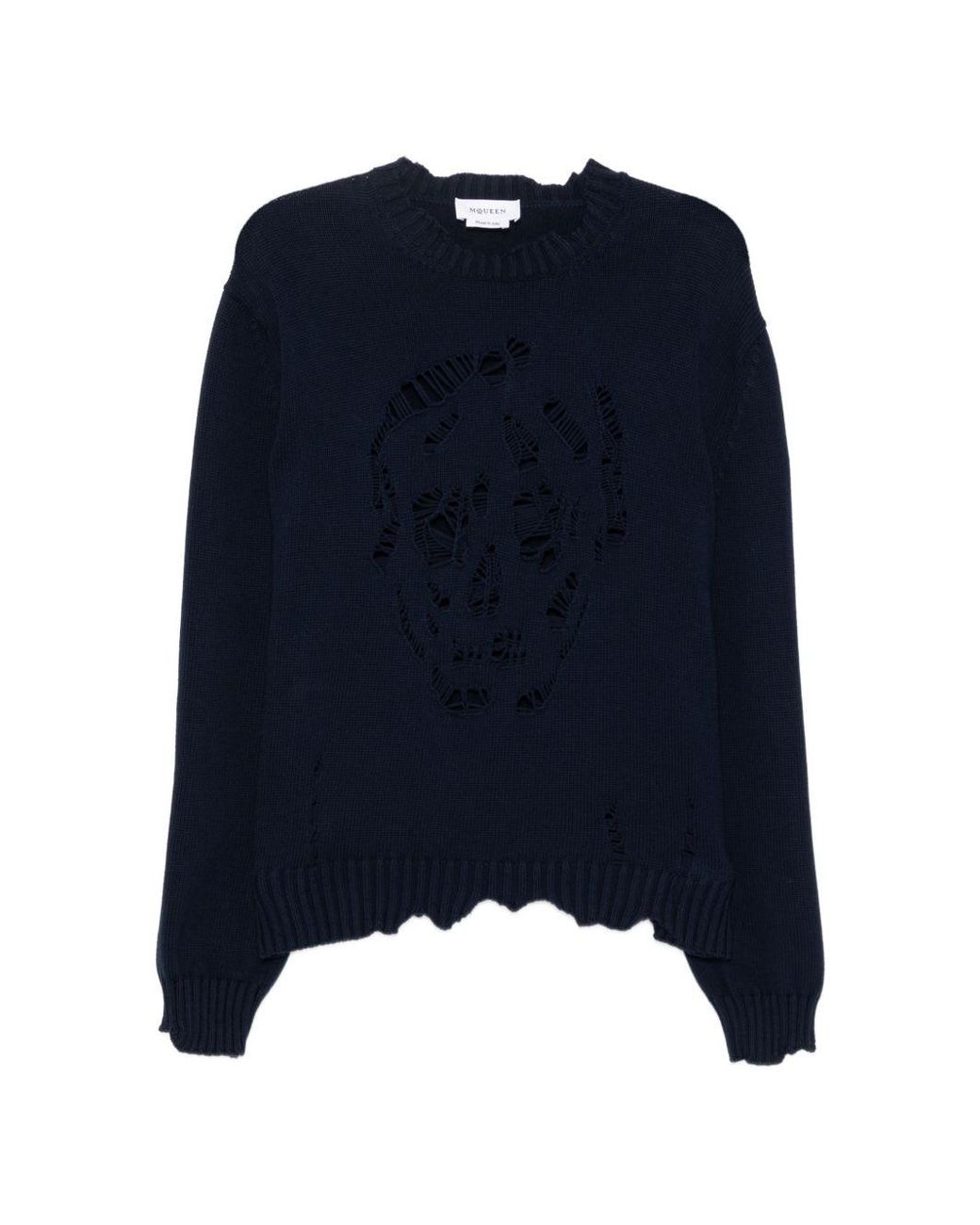 McQueen Blue Distressed Skull Sweater for men