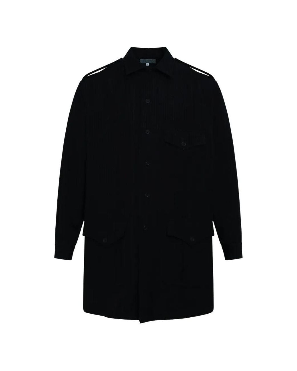 Yohji Yamamoto Black Pinstripe-Pattern Epaulette Coat for men