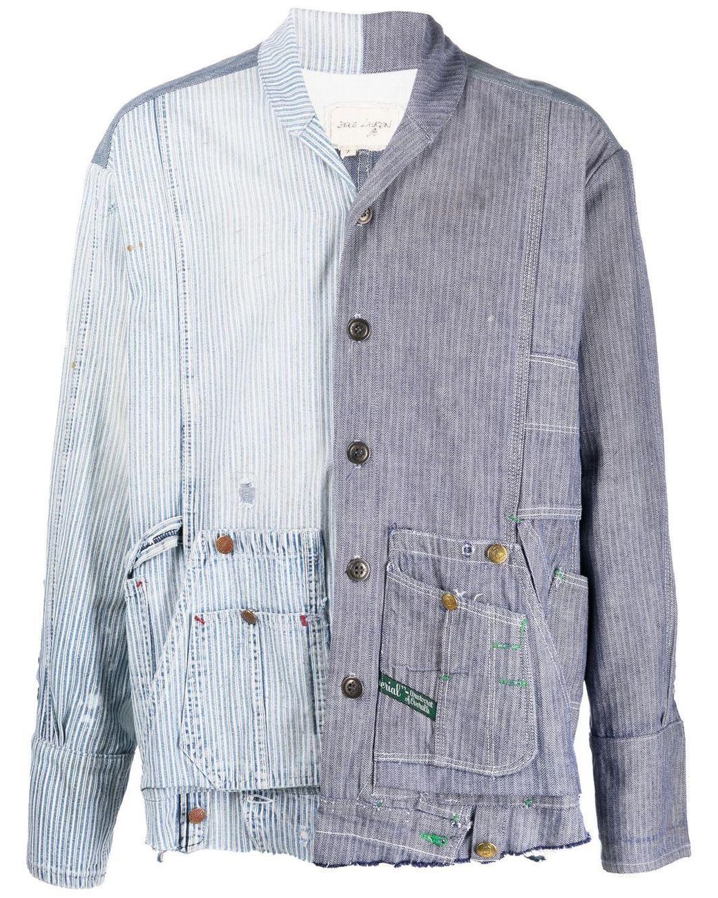 Greg Lauren Blue Striped Patchwork Cotton Shirt for men
