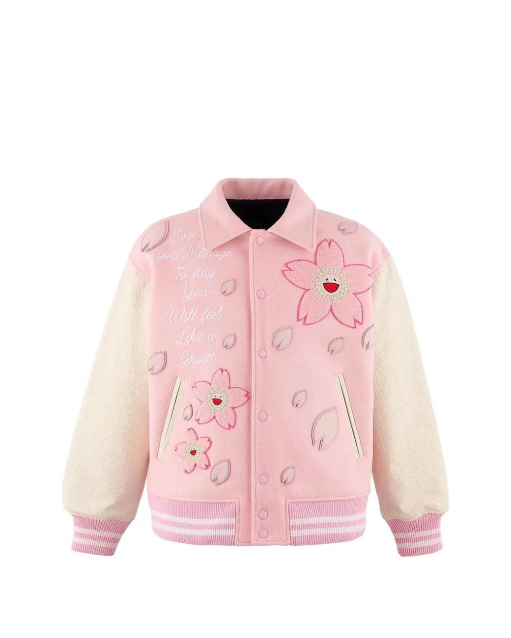Monokemade Pink Cherry Blossom-Embroidered Varsity Jacket for men