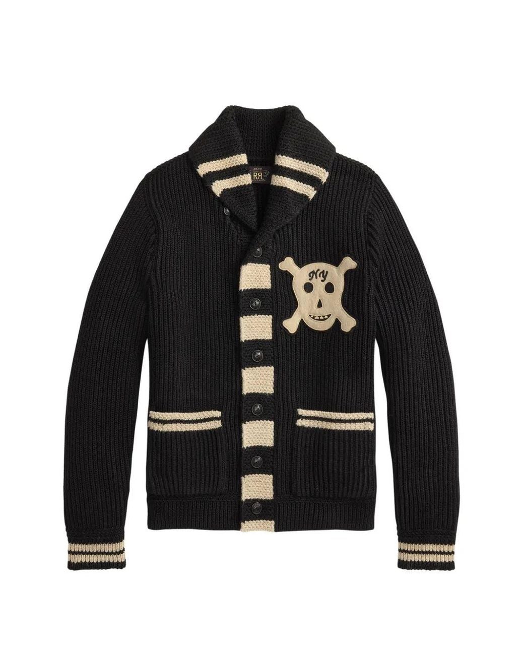 RRL Black Skull-Patch Shawl-Collar Cardigan for men