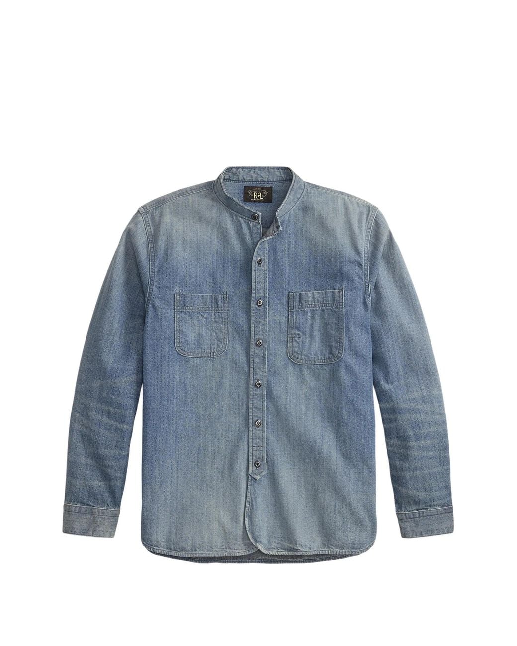 RRL Blue Band-Collar Patch-Pocket Shirt for men