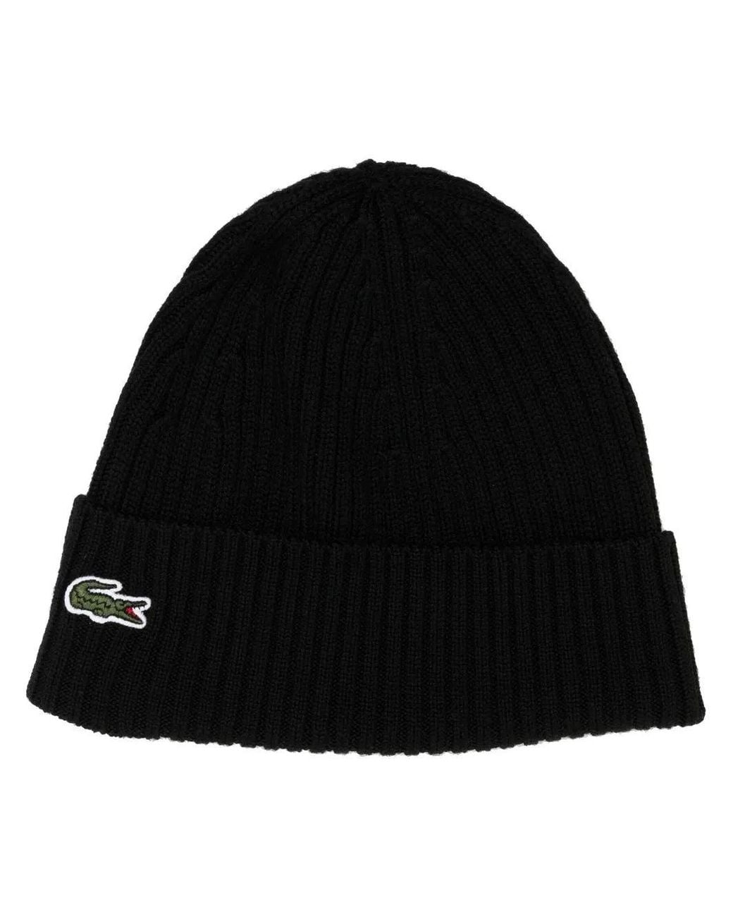 Lacoste Black Rib Knit Brushed Wool Beanie for men