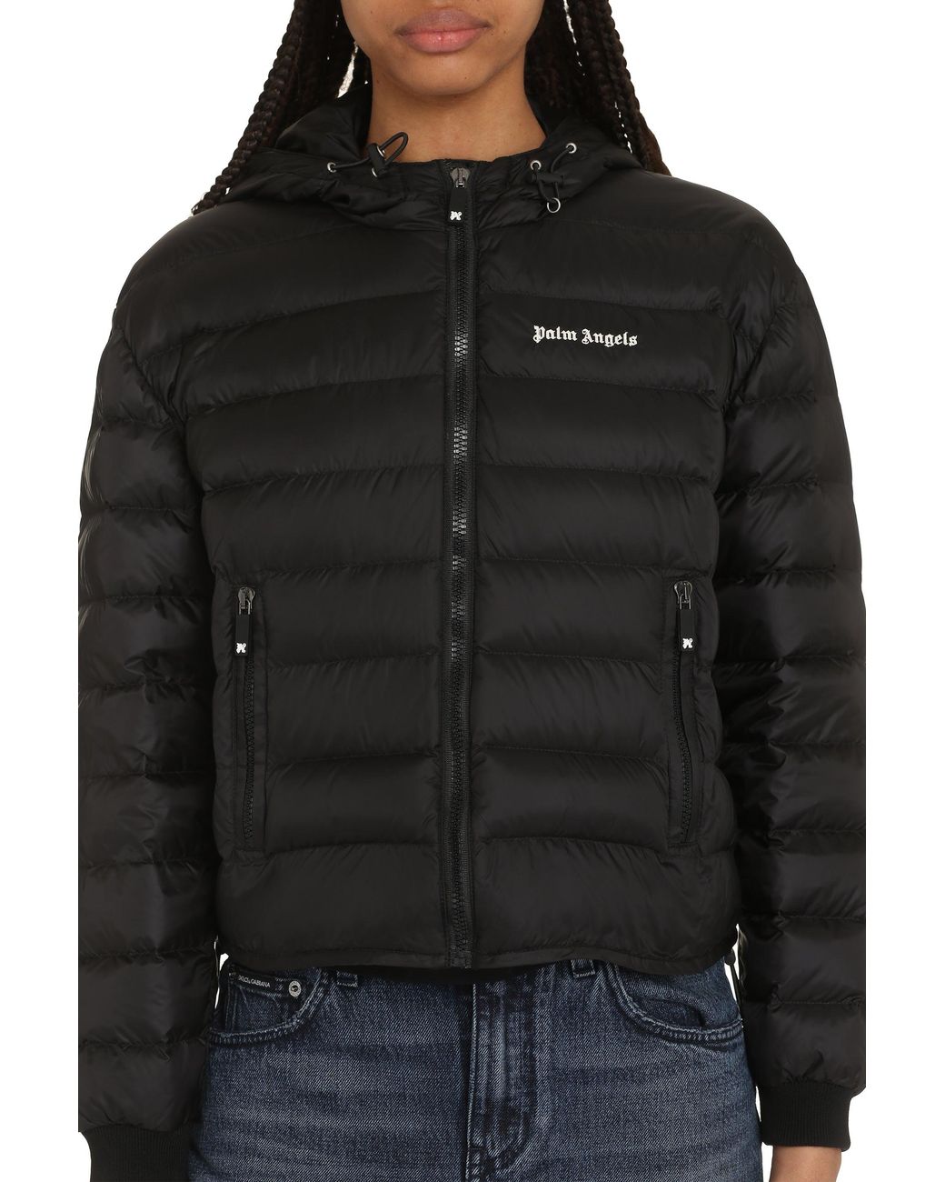 Palm Angels Black Hooded Full-Zip Down Jacket Elastane Puffer