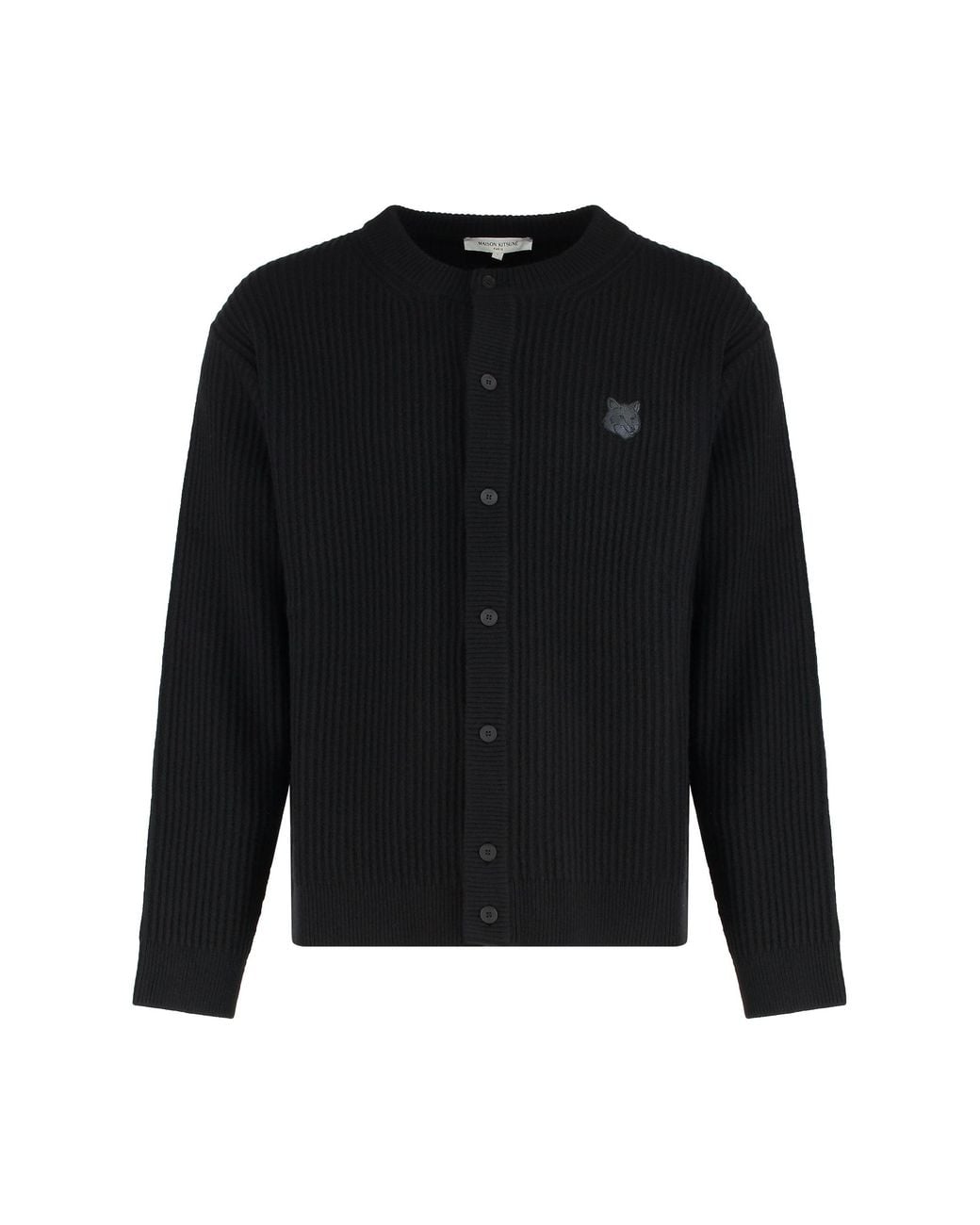 Maison Kitsuné Black Ribbed Wool Cardigan With Fox Head Patch Cardigans for men