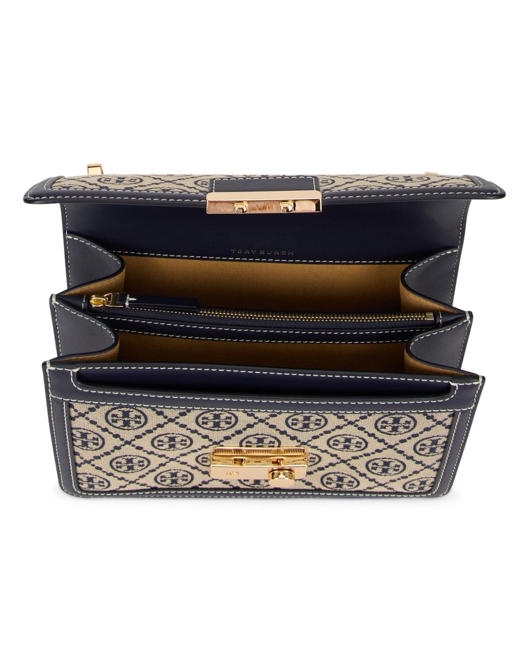 Tory Burch White Monogram Mini Shoulder Handbag With Hook Buckle Closure