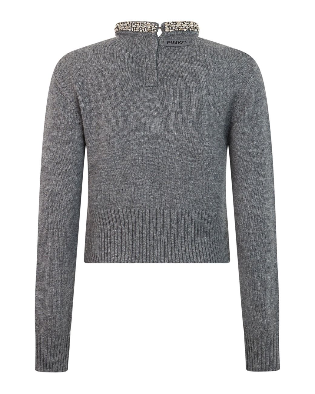 Pinko Gray Rhinestone-Collar Cropped Long-Sleeve Sweater