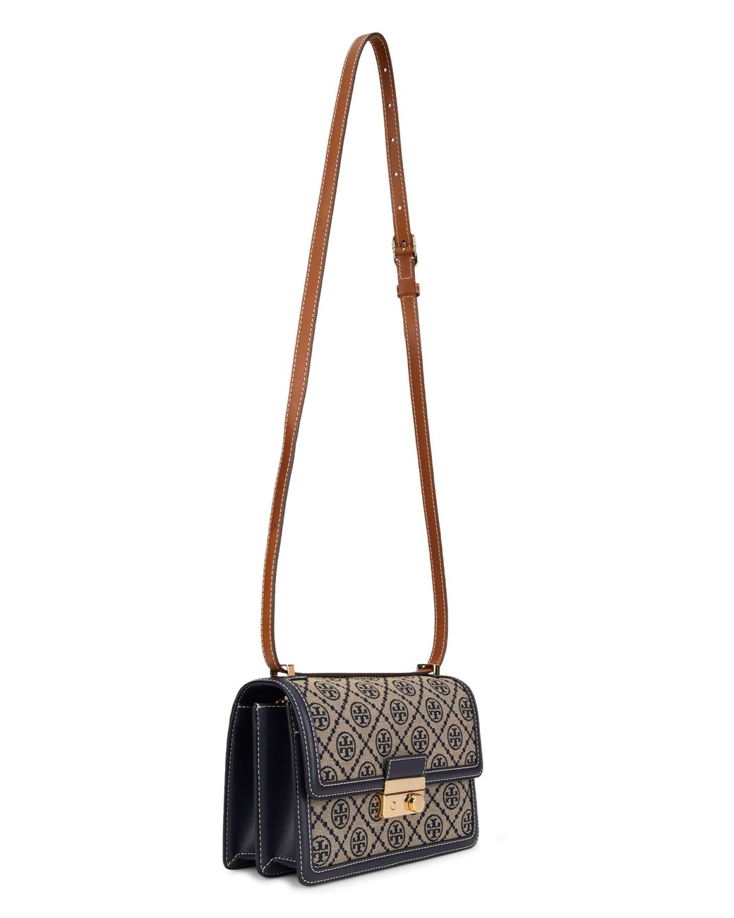 Tory Burch White Monogram Mini Shoulder Handbag With Hook Buckle Closure