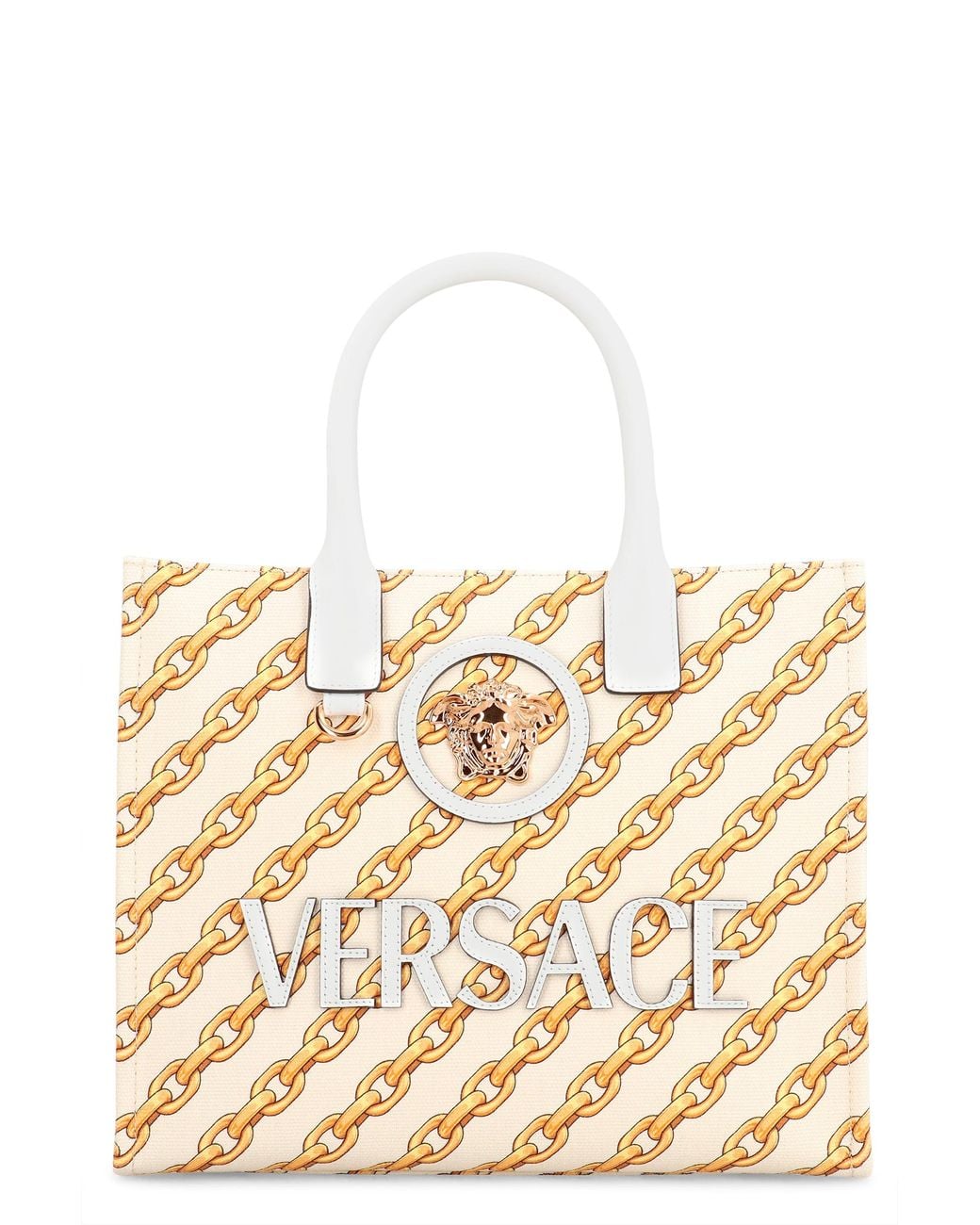 Versace Metallic Piccola La Medusa Tote Bag Calfskin; Cotton