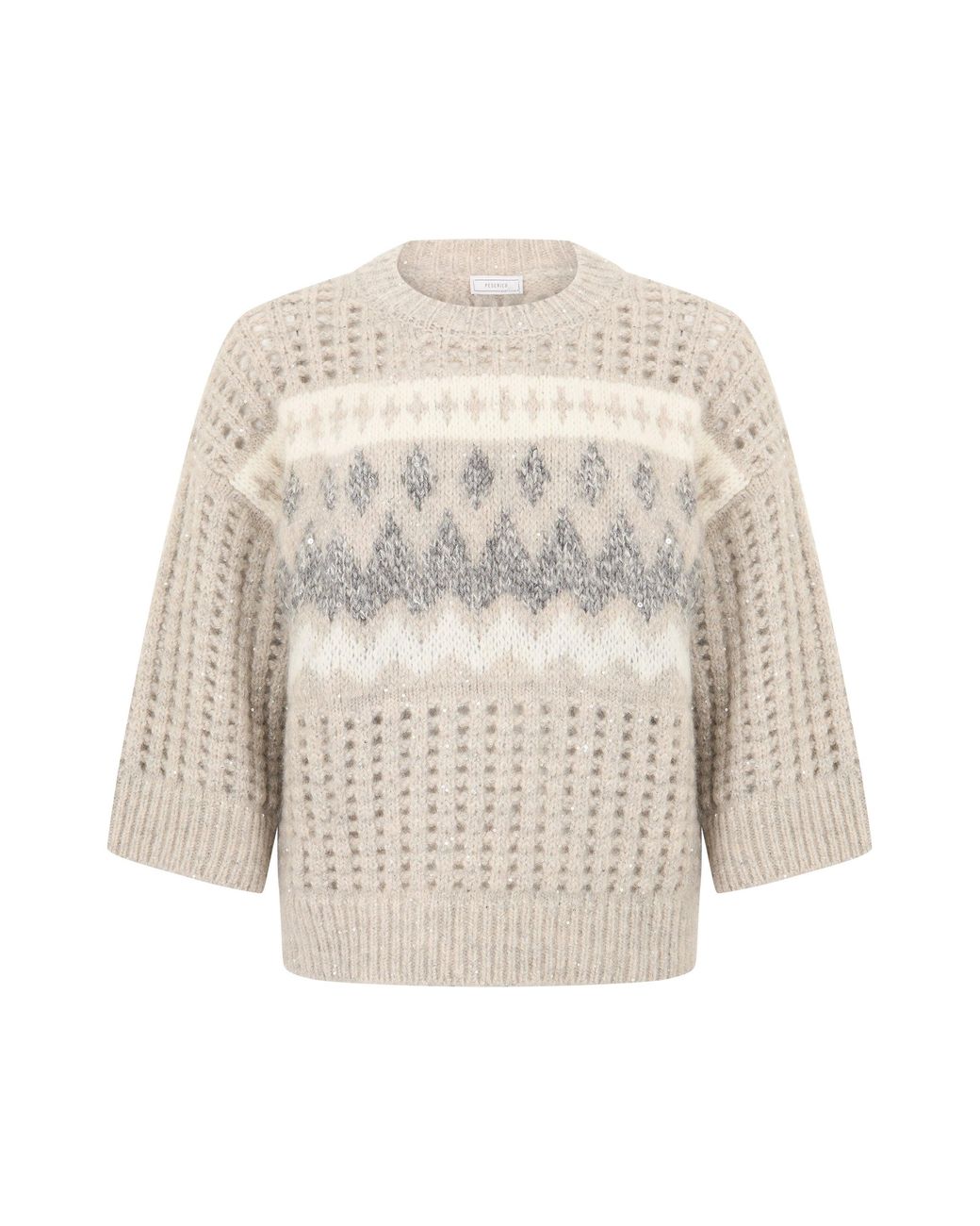 Peserico White Loose Sweater With Geometric Patterns
