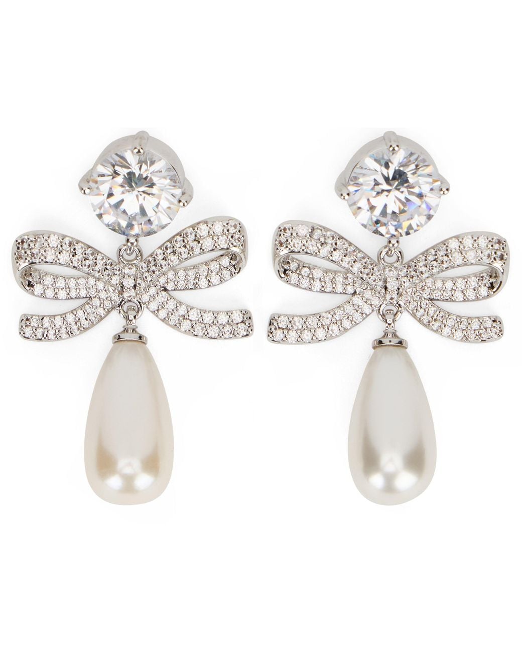 Self-Portrait White Layered Earrings With Crystal Bow And Pearls
