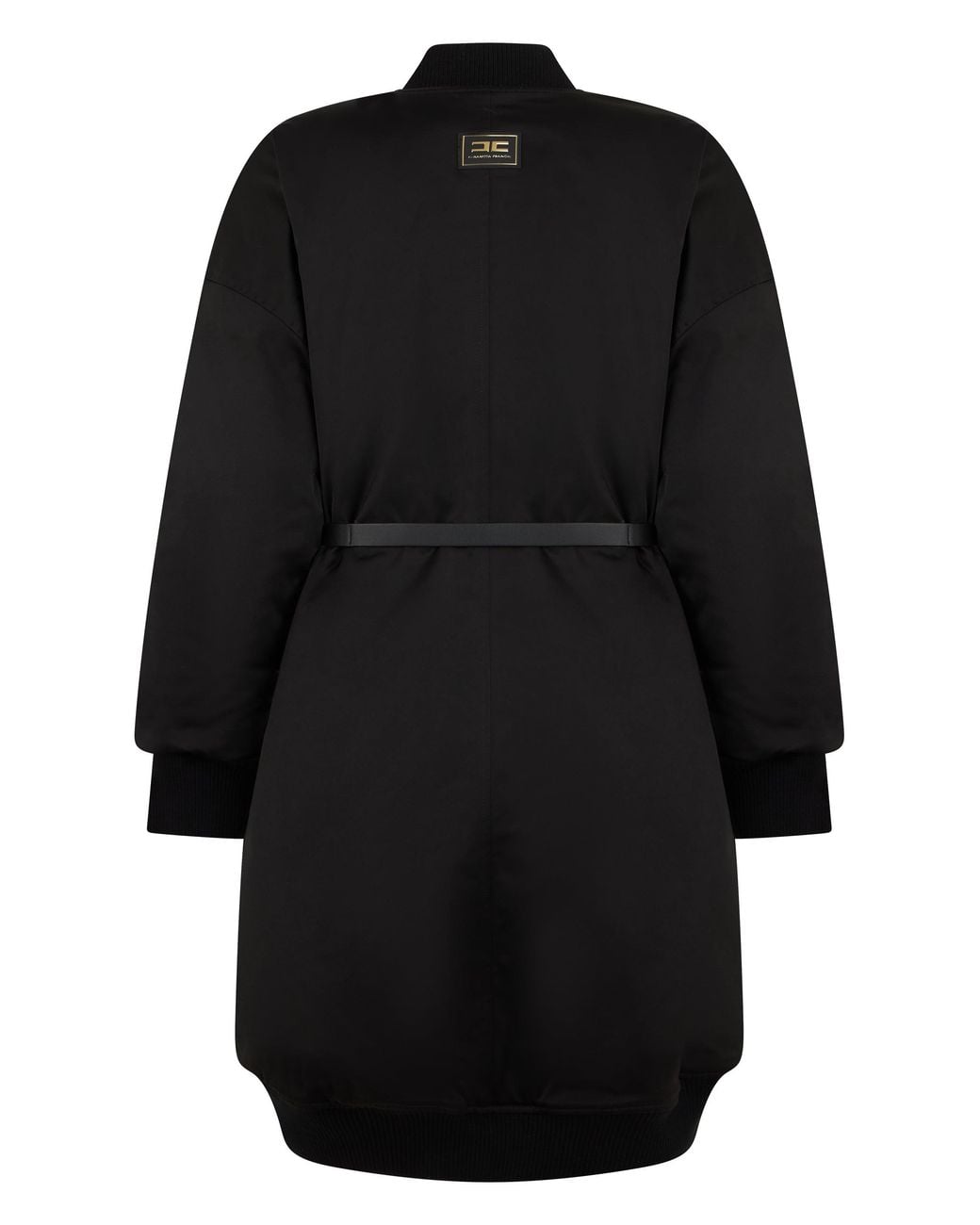 Elisabetta Franchi Black Knee-Length Technical Fabric Jacket With Zip Front, High Collar & Flared Hem