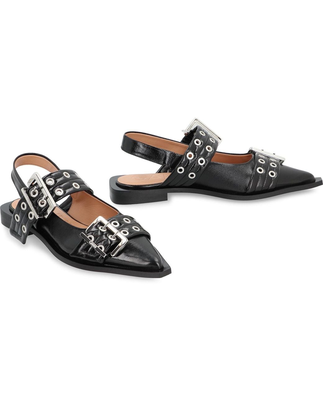 Ganni Black Faux Leather Slingback Pumps Upper: Polyurethane Ballerina Shoes