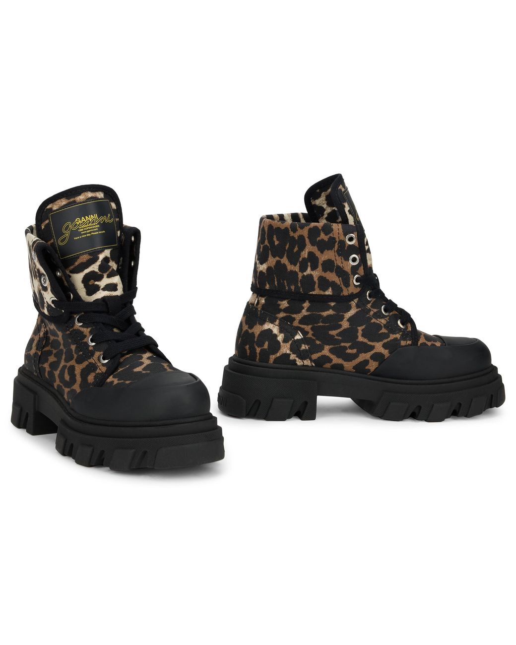 Ganni Black Ankle Boots Leopard Print Cotton