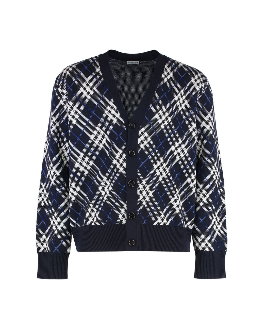 Burberry Blue Wool Cardigan With Vintage Check Print Cardigans for men