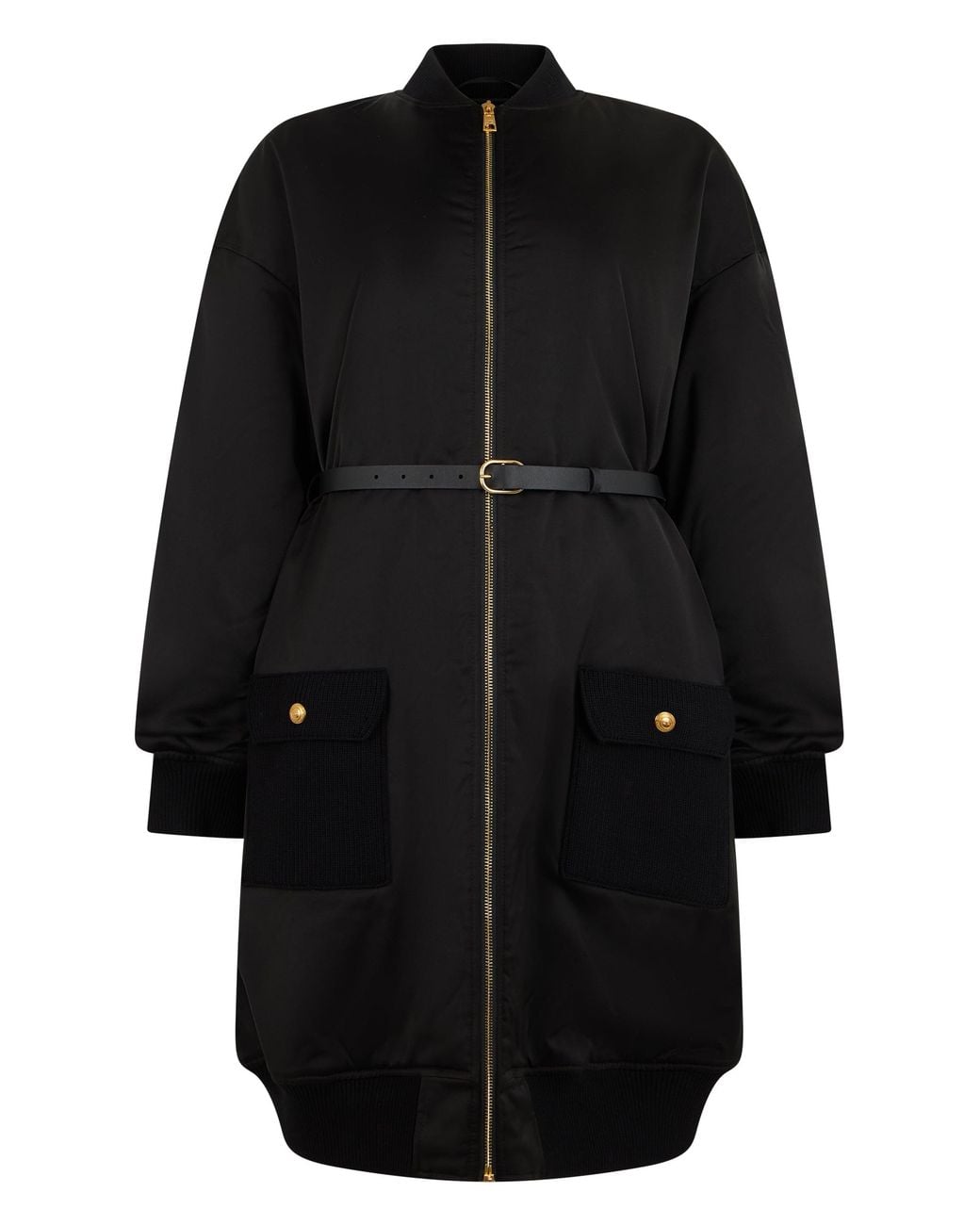 Elisabetta Franchi Black Knee-Length Technical Fabric Jacket With Zip Front, High Collar & Flared Hem
