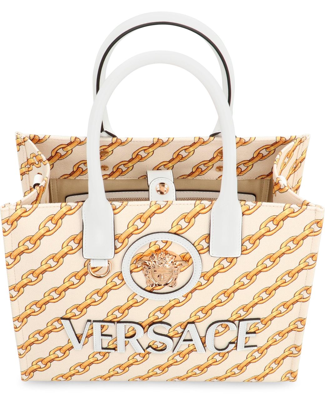 Versace Metallic Piccola La Medusa Tote Bag Calfskin; Cotton